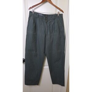 Vtg 1990s Perry Ellis America Striped Trousers Pleated Cotton Gray Green 36W 32L